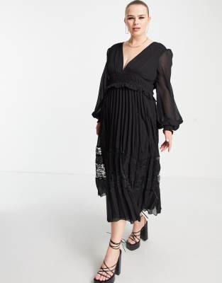 Esclusiva ASOS DESIGN Curve - Vestito midi a pieghe nero con scollo profondo e inserti in pizzo sul fondo  donna Nero - immagine1