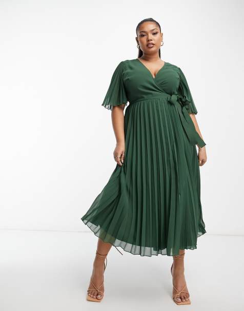 Esclusiva ASOS DESIGN Curve - Vestito midi a pieghe verde bosco con maniche a kimono allacciato in vita - view 1