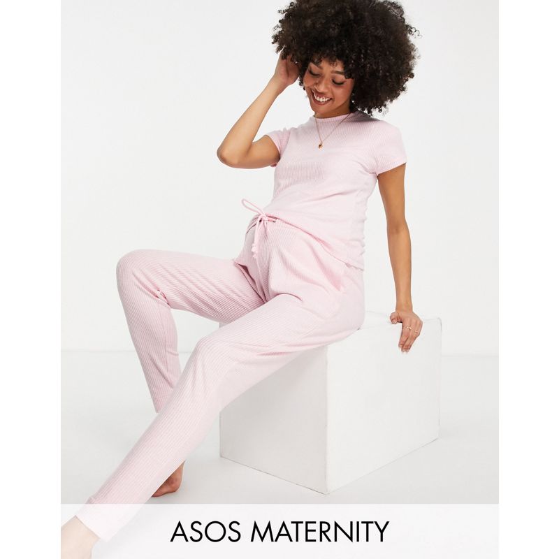 Donna  Esclusiva DESIGN Maternity - Completo con joggers e t-shirt super morbido rosa a coste