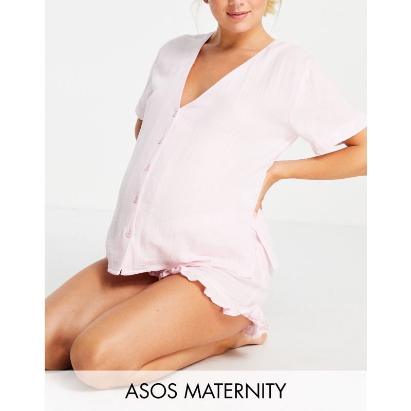 ymUgw Pigiami Esclusiva DESIGN Maternity - Pigiama con camicia senza colletto e pantaloncini con volant in garza di cotone rosa