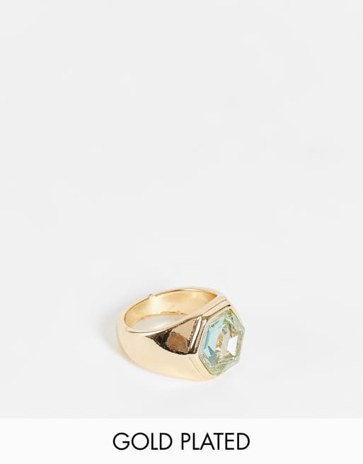 Esclusiva Big Metal London - Anello con sigillo placcato oro con cristallo verde pallido tagliato a mano