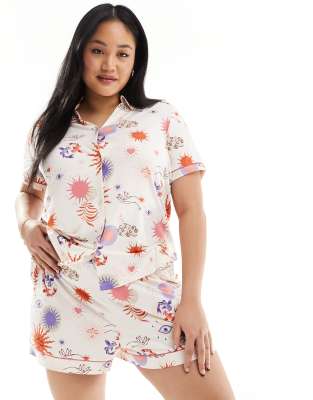 Esclusiva Chelsea Peers Curve - Completo in jersey di poliestere con stampa di soli composto da pantaloncini e top a maniche corte con rever