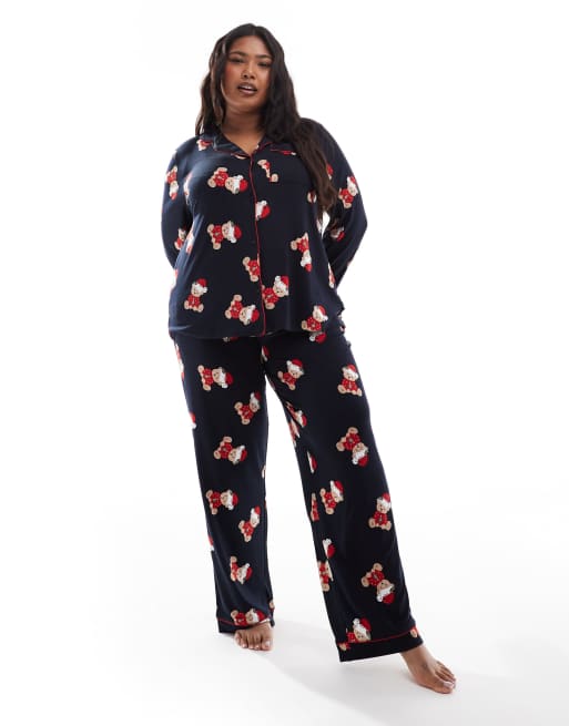 Esclusiva Chelsea Peers Curve - Pigiama natalizio blu navy con stampa di orsetti composto da pantaloni e camicia a maniche lunghe con rever