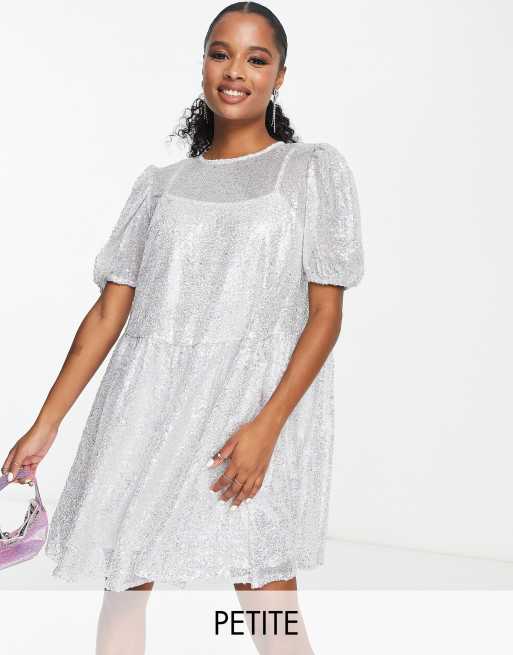 Esclusiva Collective the Label Petite - Vestito corto argento con maniche a sbuffo e paillettes