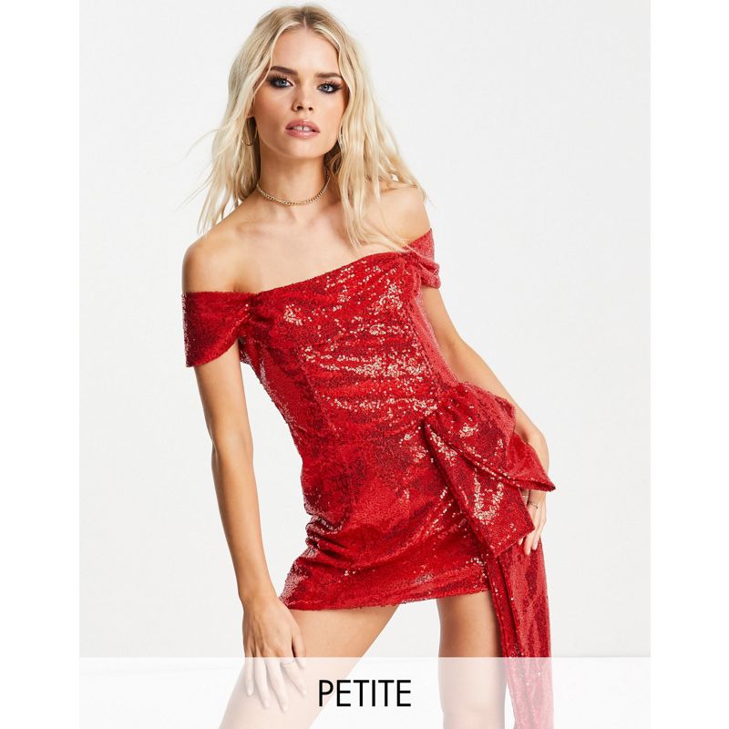 Donna Vestiti da sera Esclusiva Collective The Label Petite - Vestito corto rosso con scollo alla Bardot e fiocco