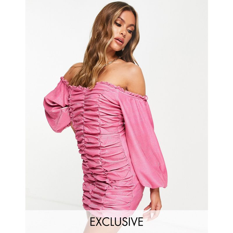 Vestiti Donna Esclusiva Collective The Label - Vestito corto arricciato con maniche voluminose rosa glitterato