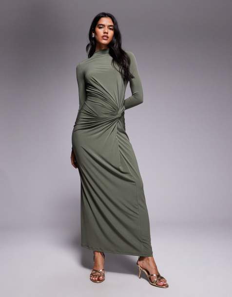 Esclusiva Daska - Vestito lungo accollato verde oliva - view 1