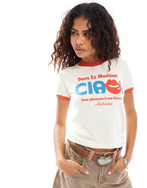 Esclusiva Deus Ex Machina X ASOS - T-shirt corta bianca con profili a contrasto e scritta "Ciao" - view 1