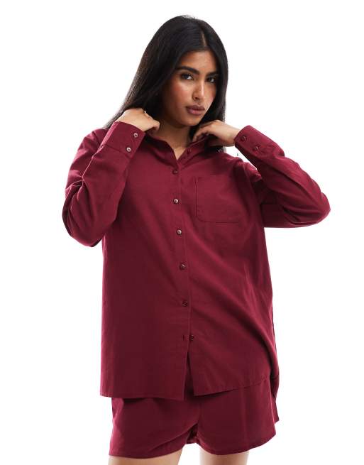 Esclusiva Esmée - Camicia da mare a maniche lunghe oversize color ciliegia in coordinato