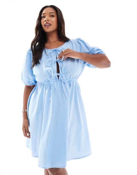 Esclusiva Esmee Curve - Vestito da mare corto blu polvere con maniche a sbuffo e laccio sul davanti - view 1