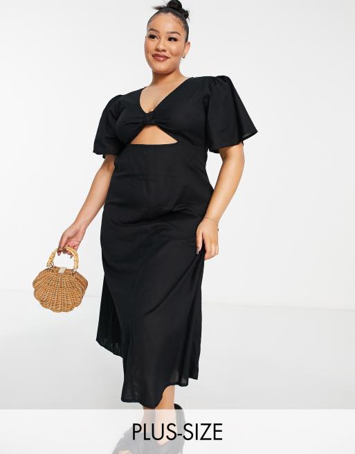 Esclusiva Esmée Plus - Vestito estivo midi da mare in lino nero con cut-out e maniche a sbuffo 