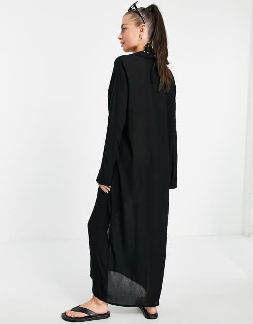 Esclusiva Esmee - Vestito camicia estivo da spiaggia lungo nero , 2 di 4