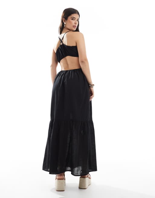 Esclusiva Esmée - Vestito da mare lungo allacciato al collo con cut-out nero, 3 di 4