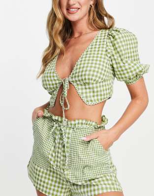 Fashion Union Exclusive tie front crop beach top in olive check - part of a set - ASOS Price Checker