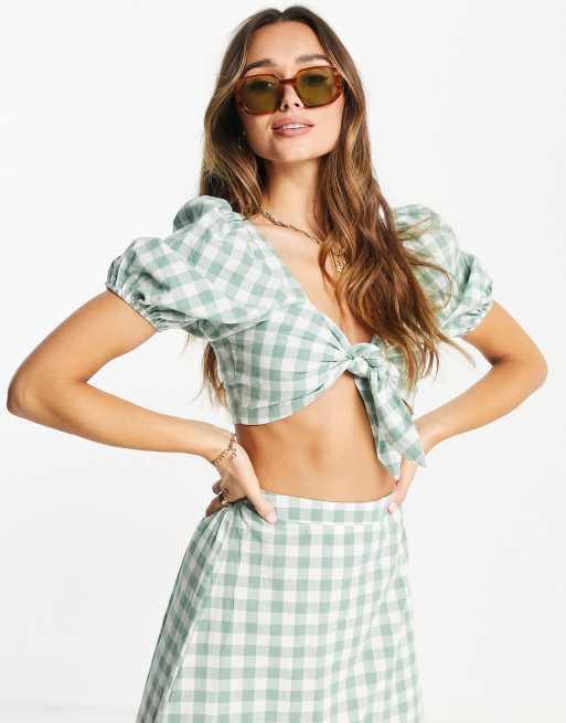 Esclusiva Fashion Union - Crop top da spiaggia con maniche a palloncino verde a quadretti in coordinato