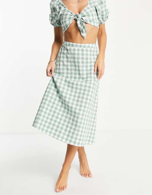Esclusiva Fashion Union - Gonna midi da spiaggia verde a quadretti in coordinato