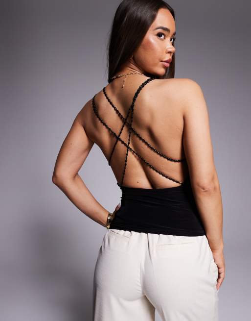 Esclusiva Fashionkilla - Top aderente a doppio strato nero con scollo profondo e aperto dietro con perline decorative