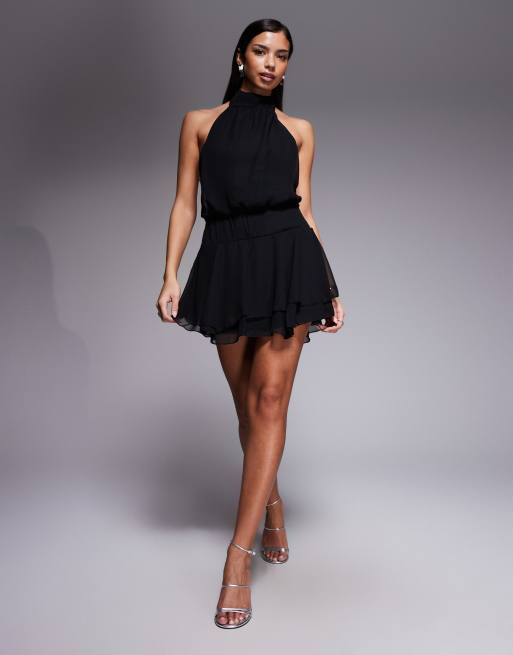 Esclusiva Fashionkilla - Vestito corto nero in chiffon allacciato al collo con gonna con volant e dettaglio risvoltato