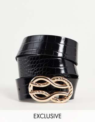 Esclusiva Glamorous - Cintura per vita e fianchi in pelle sintetica PU nera con fibbia intrecciata
