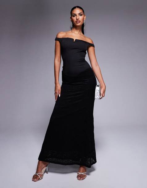 Esclusiva Heiress Beverly Hills - Vestito lungo nero con scollo Bardot e intaglio centrale con pizzo a contrasto - view 1