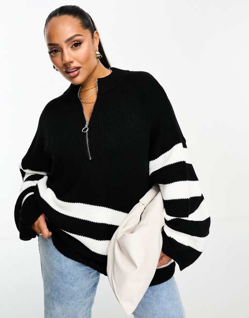 Esclusiva In The Style Plus - Maglione a righe bianche e nere con zip corta