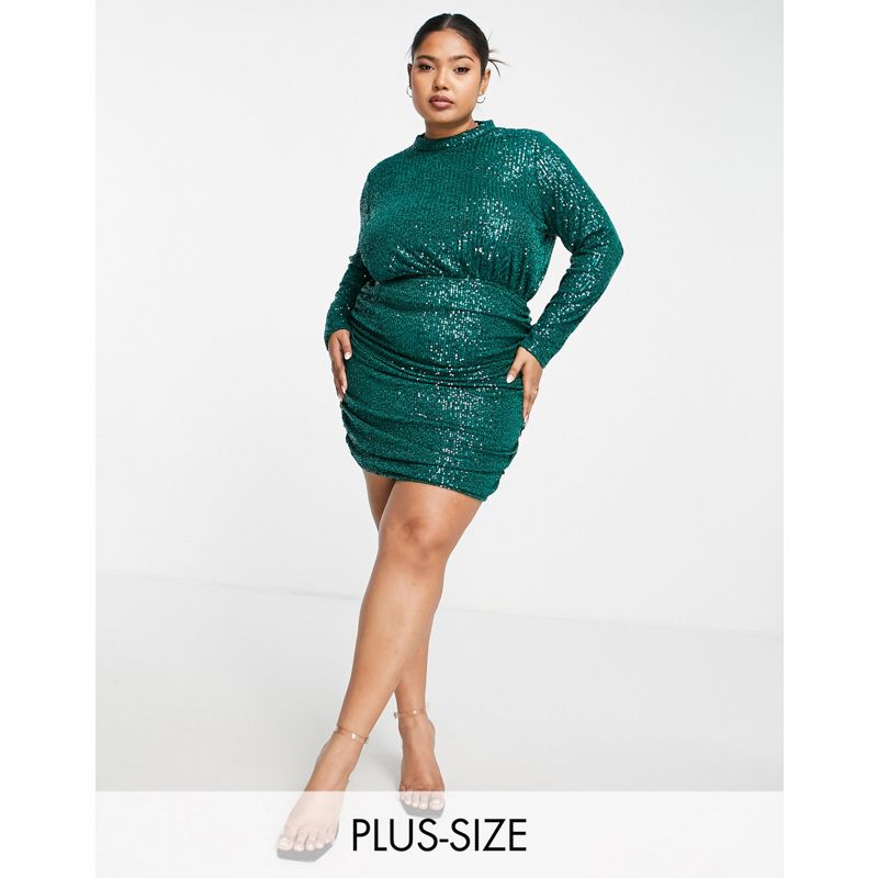 Vestiti da sera WU1xf Esclusiva In The Style Plus - Vestito corto accollato verde smeraldo con paillettes e dettaglio drappeggiato
