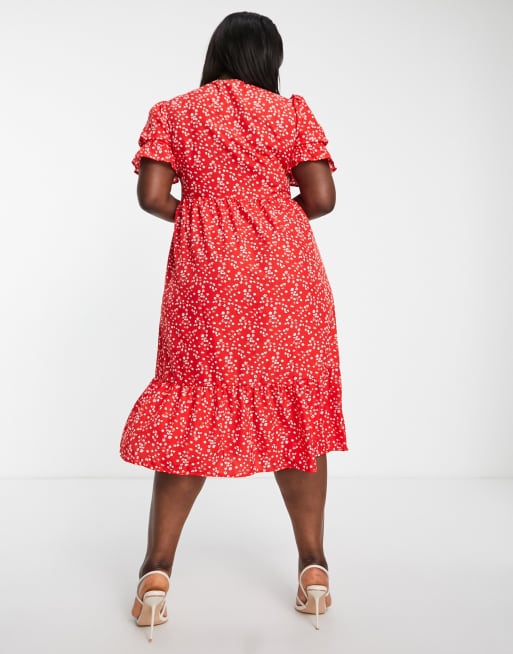 Esclusiva In The Style Plus x Jac Jossa - Vestito midi rosso a fiorellini con bottoni e maniche a sbuffo, 4 di 4