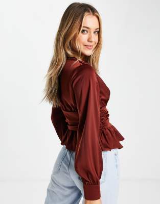 Top con scollo profondo e bottoni sul davanti con orlo peplo color ruggine-Arancione - In The Style Camicia donna  - immagine2