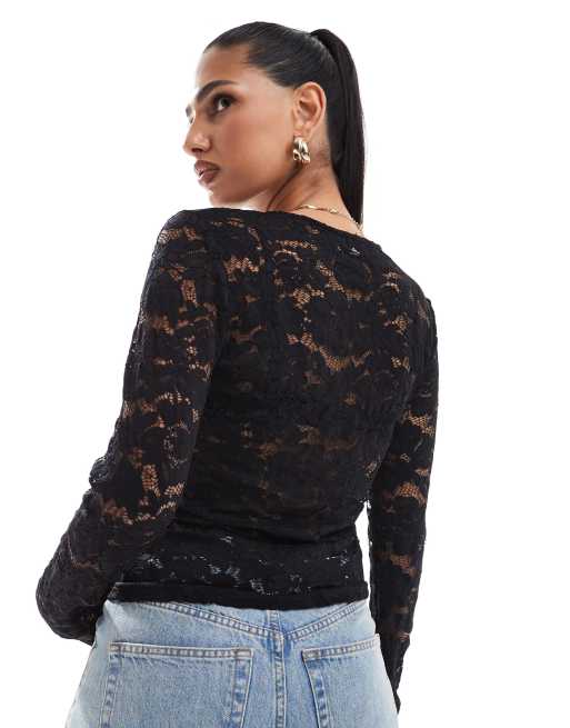 Esclusiva In The Style - Top nero a maniche lunghe in pizzo, 4 di 4