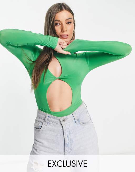 Esclusiva In The Style x Liberty - Body verde con intaglio sul collo e cut-out in vita