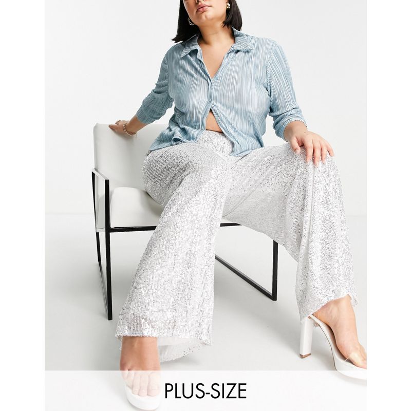 Esclusiva Jaded Rose Plus - Pantaloni con fondo ampio con paillettes, colore argento