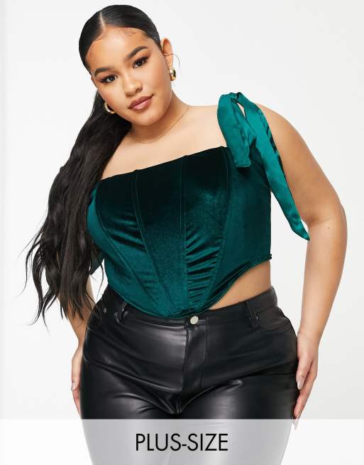 Esclusiva Jaded Rose Plus - Top corsetto in velluto con laccetti sulle spalle, colore verde smeraldo