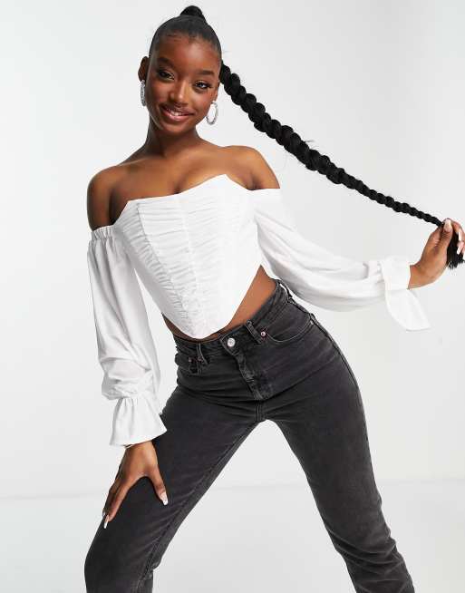 Esclusiva Jaded Rose - Top a corsetto con spalle scoperte e maniche voluminose, color crema