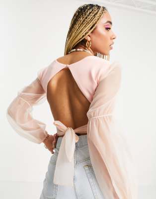 Esclusiva Jaded Rose - Top a corsetto rosa con fiocco sulla schiena e maniche a strati-Bianco  donna Bianco - immagine1