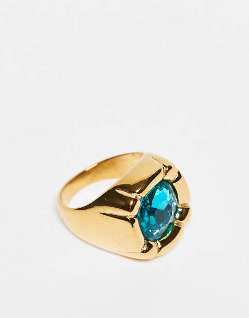 Esclusiva Kaiia - Anello dorato in acciaio inossidabile con pietra blu taglio cuscino