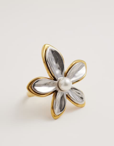 Esclusiva Kaiia - Anello regolabile con fiore in acciaio inossidabile placcato oro 18K tonalità argento e oro - view 1