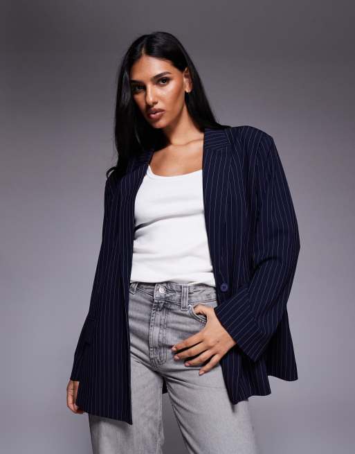 Esclusiva Kaiia - Blazer oversize blu navy gessato taglio maschile