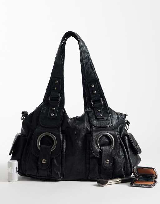 Esclusiva Kaiia - Borsa a mano nera con tasca cargo in pelle sintetica con dettagli in metallo argento, 2 di 4