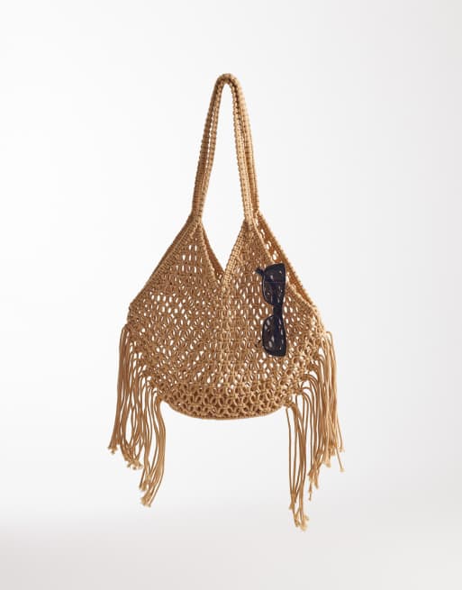 Esclusiva Kaiia - Borsa da spalla da spiaggia intrecciata in cotone beige con nappine, 2 di 4