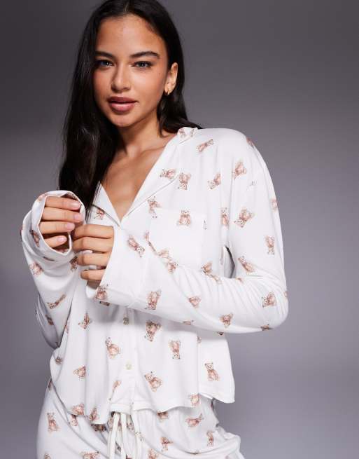 Esclusiva Kaiia - Camicia del pigiama ultra morbida color crema con stampa di orsetti in coordinato