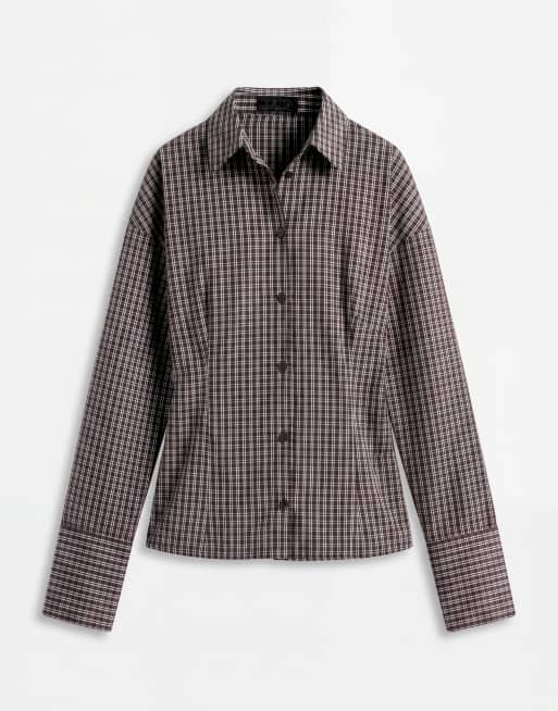 Esclusiva Kaiia - Camicia marrone a quadri con bottoni in vita e cintura in coordinato, 5 di 7