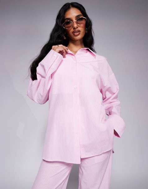 Esclusiva Kaiia - Camicia oversize in popeline rosa a righe in coordinato - view 1