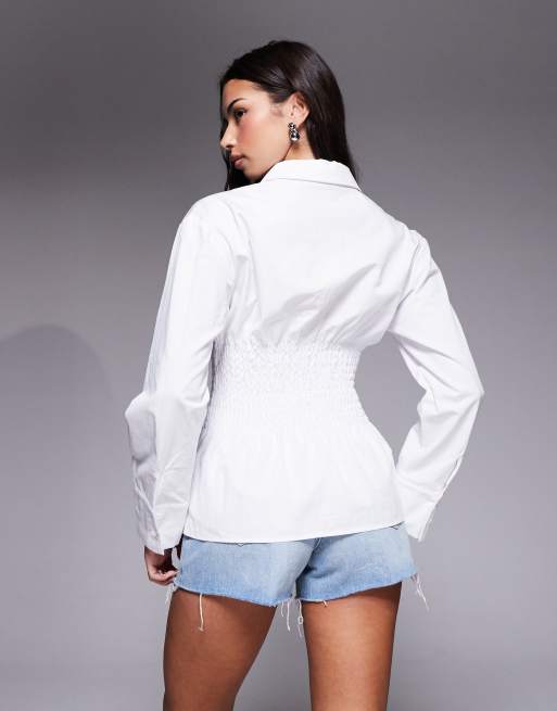 Esclusiva Kaiia - Camicia sartoriale bianca in misto cotone con vita stretta arricciata, 4 di 4