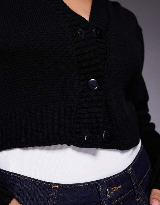 Esclusiva Kaiia - Cardigan corto nero con scollo a V e bottoni sul davanti, 4 di 4