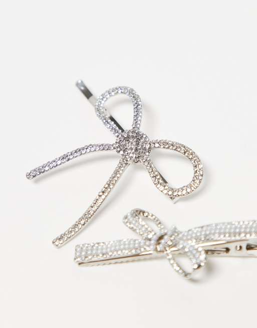 Esclusiva Kaiia - Confezione da 2 fermagli per capelli a forma di fiocco argentati con strass, 2 di 3