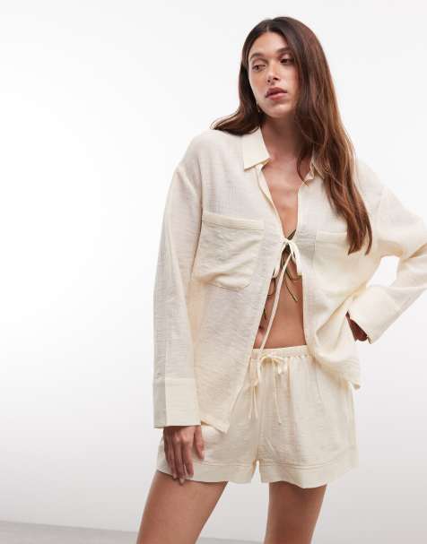 Esclusiva Kaiia - Coordinato con camicia oversize allacciata sul davanti e pantaloncini in misto cotone color limone chiaro - view 1