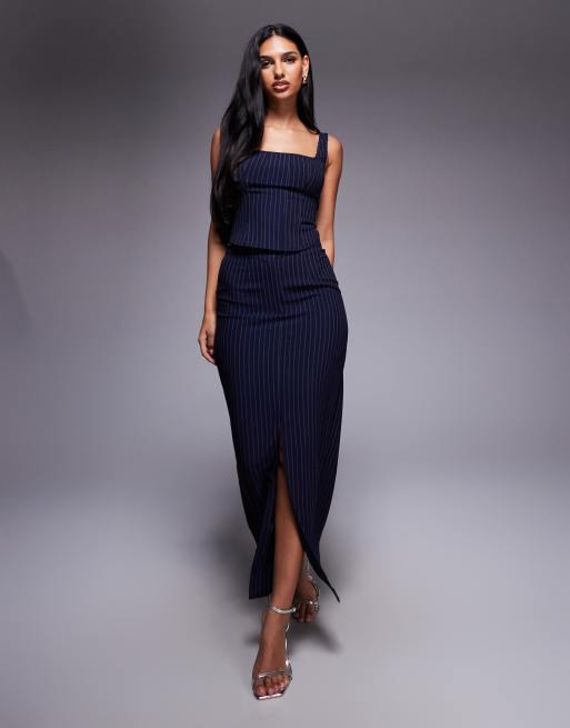 Esclusiva Kaiia - Coordinato con top a corsetto sartoriale con scollo squadrato e allacciatura sul retro e gonna lunga blu navy gessato