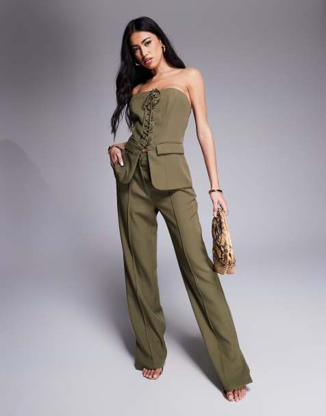 Esclusiva Kaiia - Coordinato con top a fascia stringato e pantaloni dritti kaki - view 1