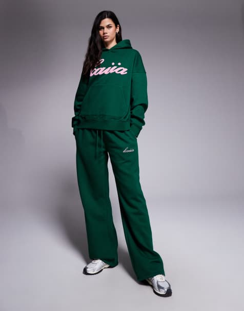 Esclusiva Kaiia - Coordinato in pile borg di misto cotone verde e rosa con joggers con fondo ampio e felpa con cappuccio oversize con logo - view 1