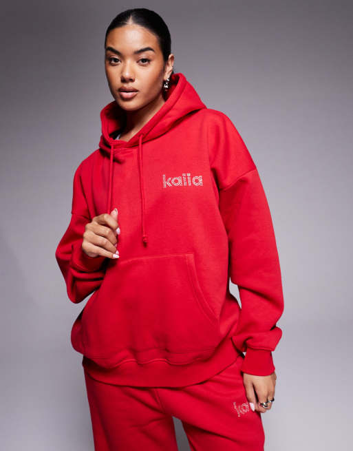 Esclusiva Kaiia - Coordinato rosso con joggers con fondo ampio e felpa oversize con cappuccio con logo in strass, 3 di 3